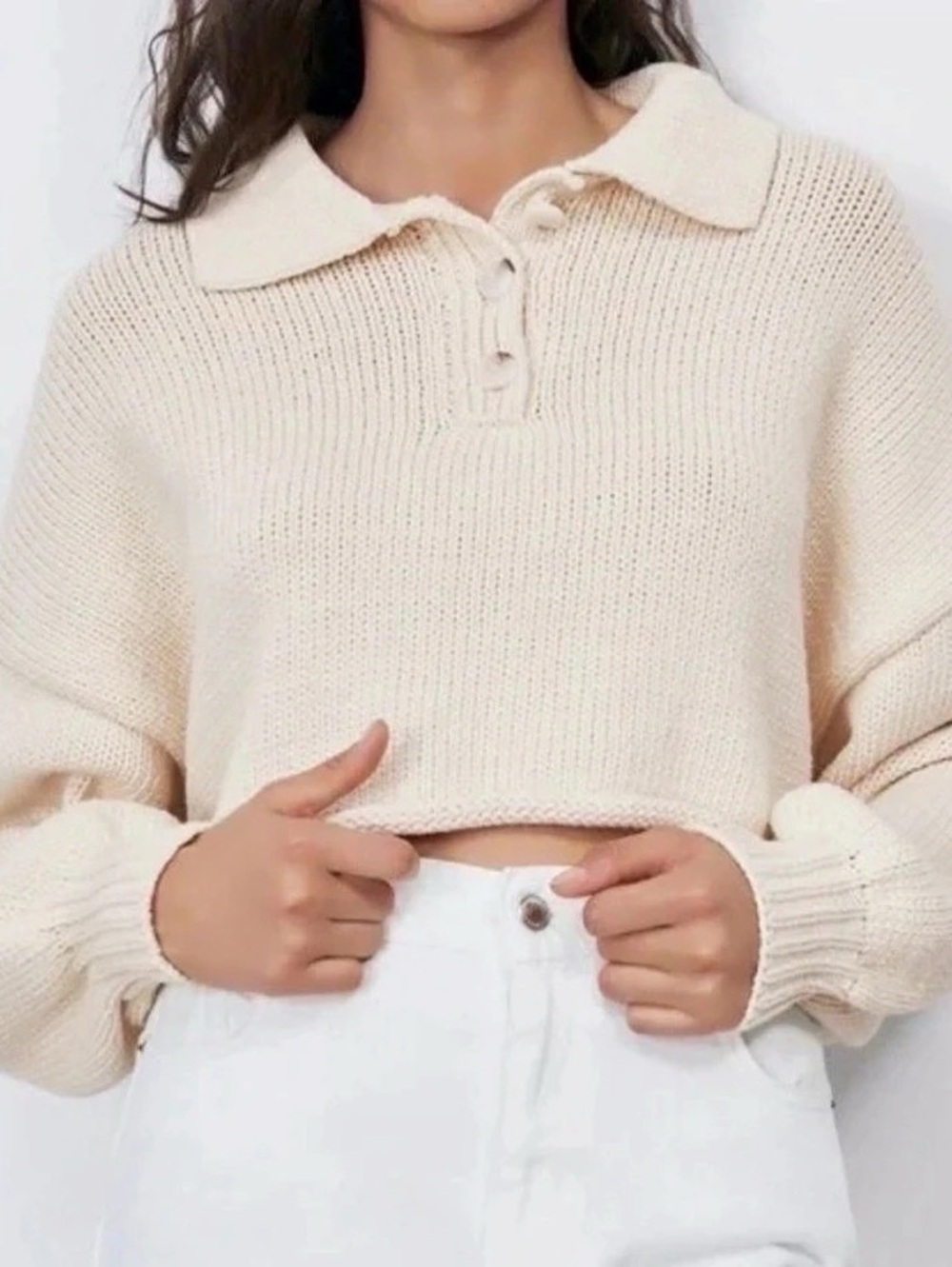 ZARA Cream Cropped Polo Knit Sweater Collar Size S